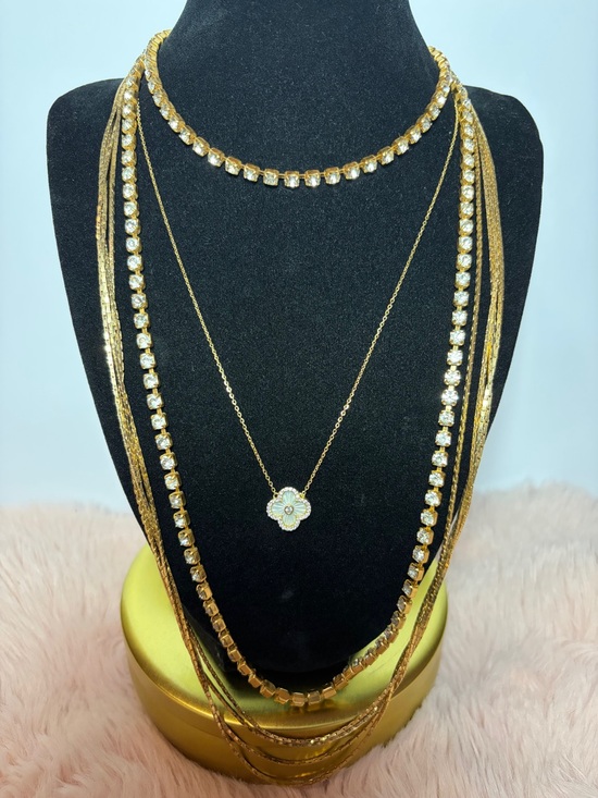 Jewelry - Gold Tone Layered Necklace Set with Crystal Accents